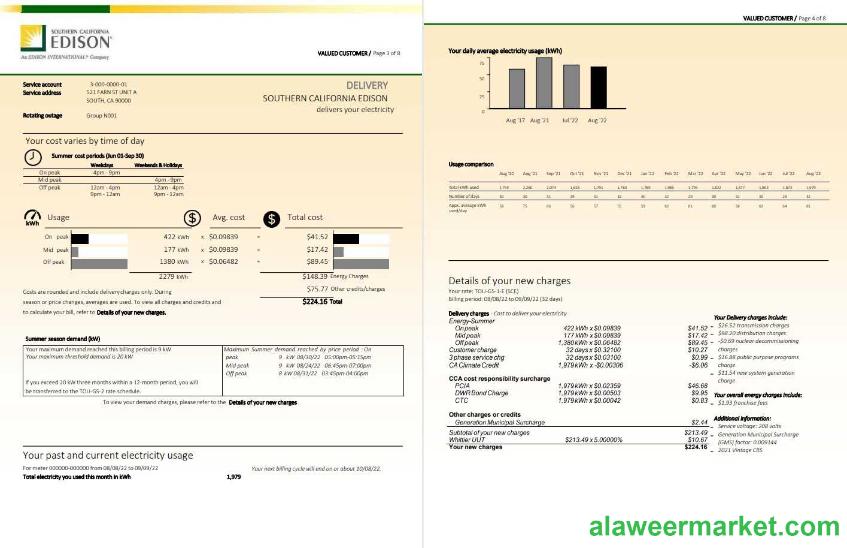 USA Southern California EDISON utility bill, Word and PDF template, 8 pages 3 4
